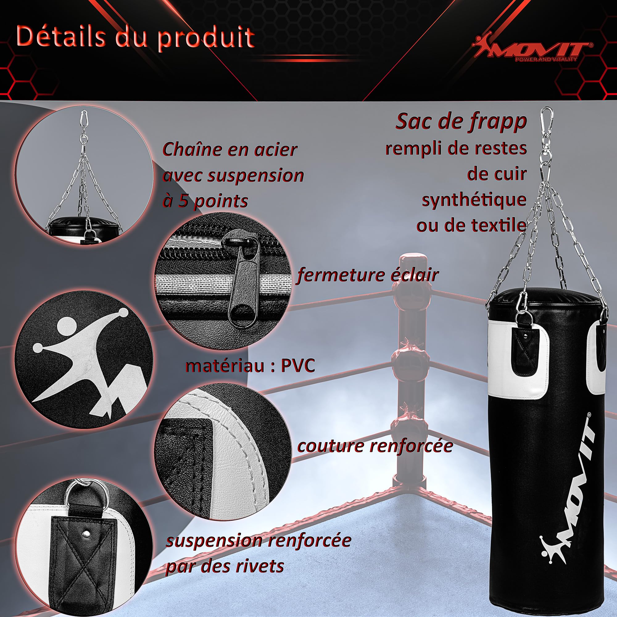 MOVIT Set de Sac de Boxe 25 kg, rempli, y Compris Sac de Boxe (Hauteur 80cm x diamètre 30cm), Gants de Boxe 12 oz, Bandages de Boxe, pour Adultes, Boxing Boxing, Noir ou Blanc