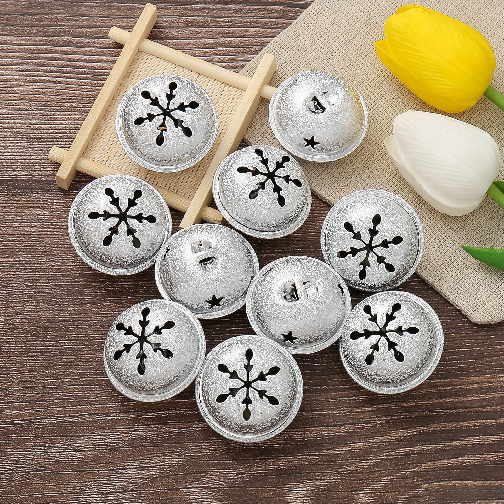 ToBeIT 30 Pieces Jingle Bells with Snowflake Cutout 1.6 Inch/ 40 mm Christmas Craft Bells for Festival Decorations (Silver Bells)