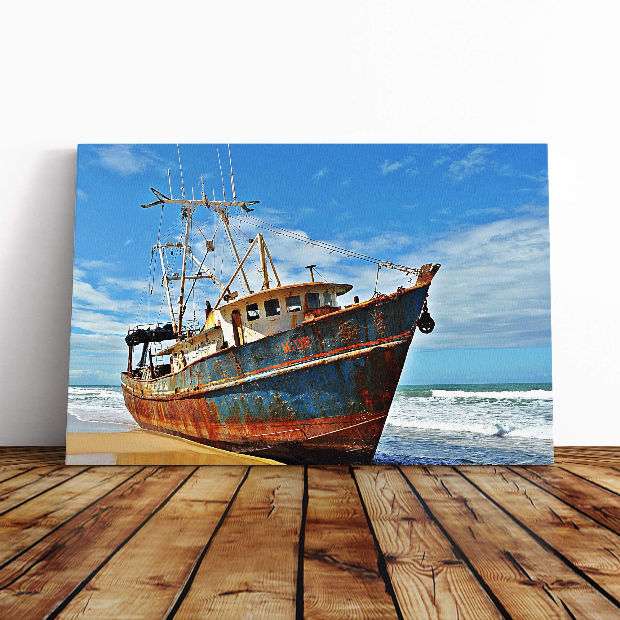 Stranded Boat Wreck on Beach (1) Canvas Print | Gallery Wrapped 30mm Frame Wall Art | 20x14 inches | Ready to Hang | Modern Seascape Picture | Living Room Bedroom Lounge Office