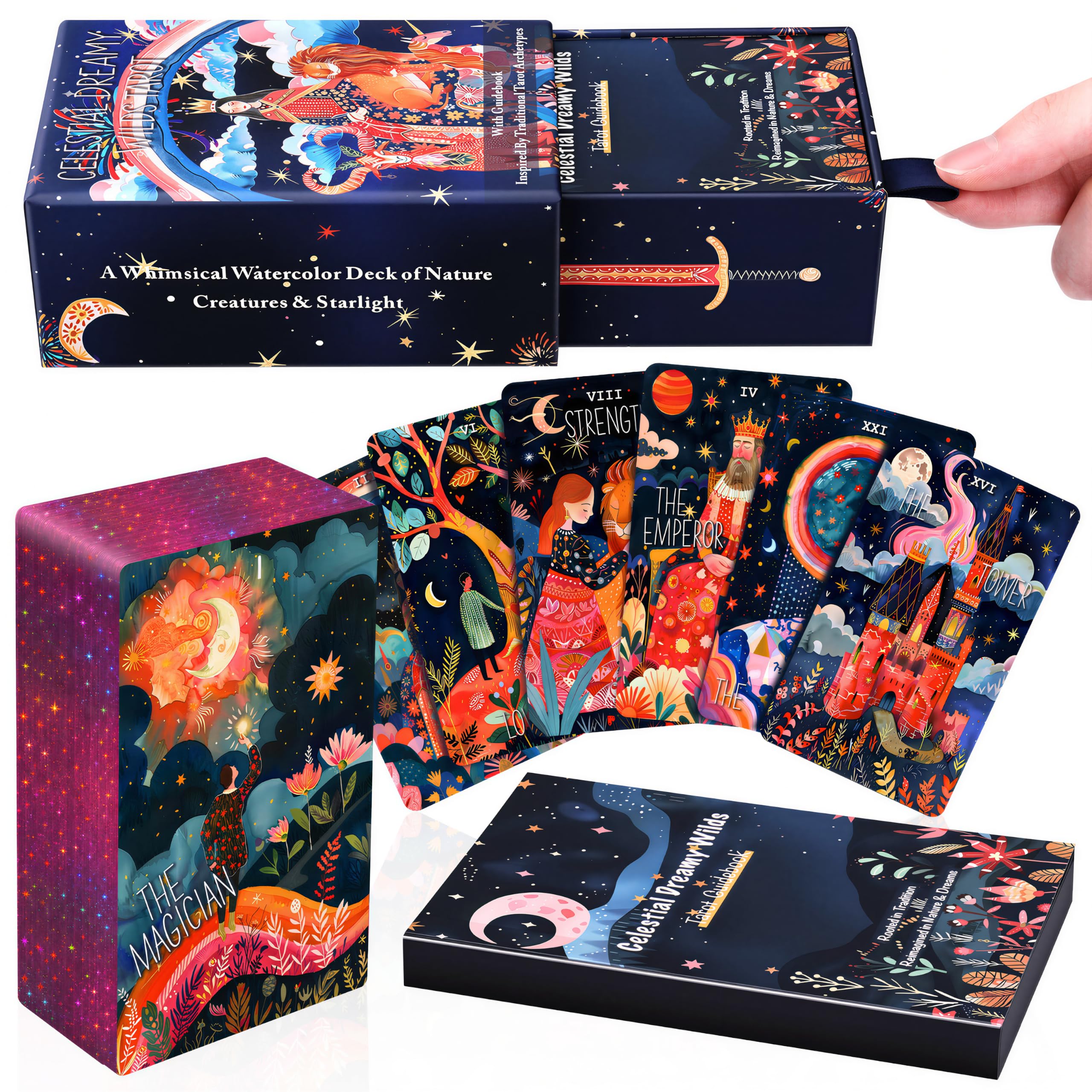 XSYLOHXL Celestial Dreamy Wilds Tarot Cards for Beginners with Guidebook, RWS-Inspired 78-Card Deck, Holographic Pink Gilded Edges, 400GSM Card Stock