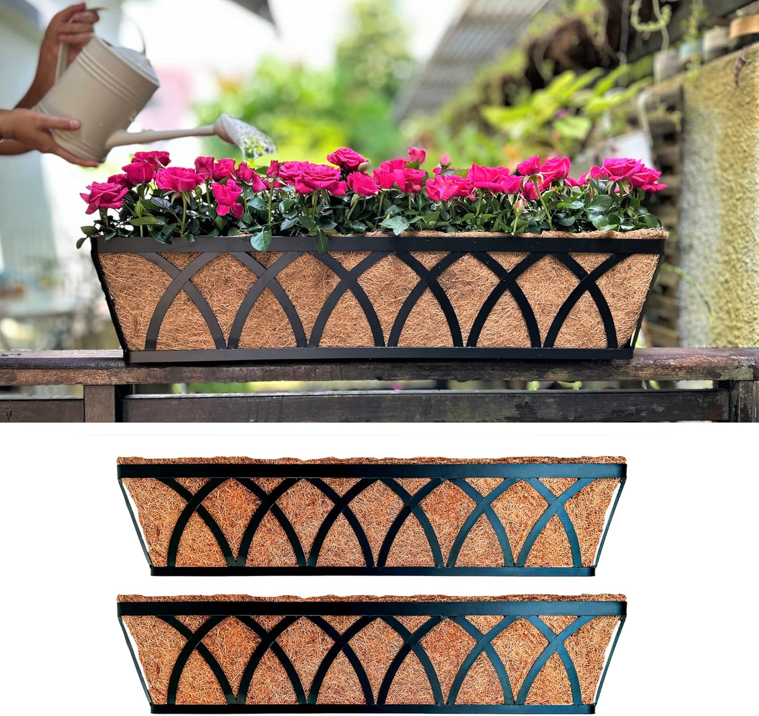 Maxona Window Planter Box - 2 Pack, 30 Inch Outdoor Wall Mounted and Deck Railing Planter with Coco Liner, Window Flower Basket, Balcony Hanging Rail Garden Patio Porch Fence