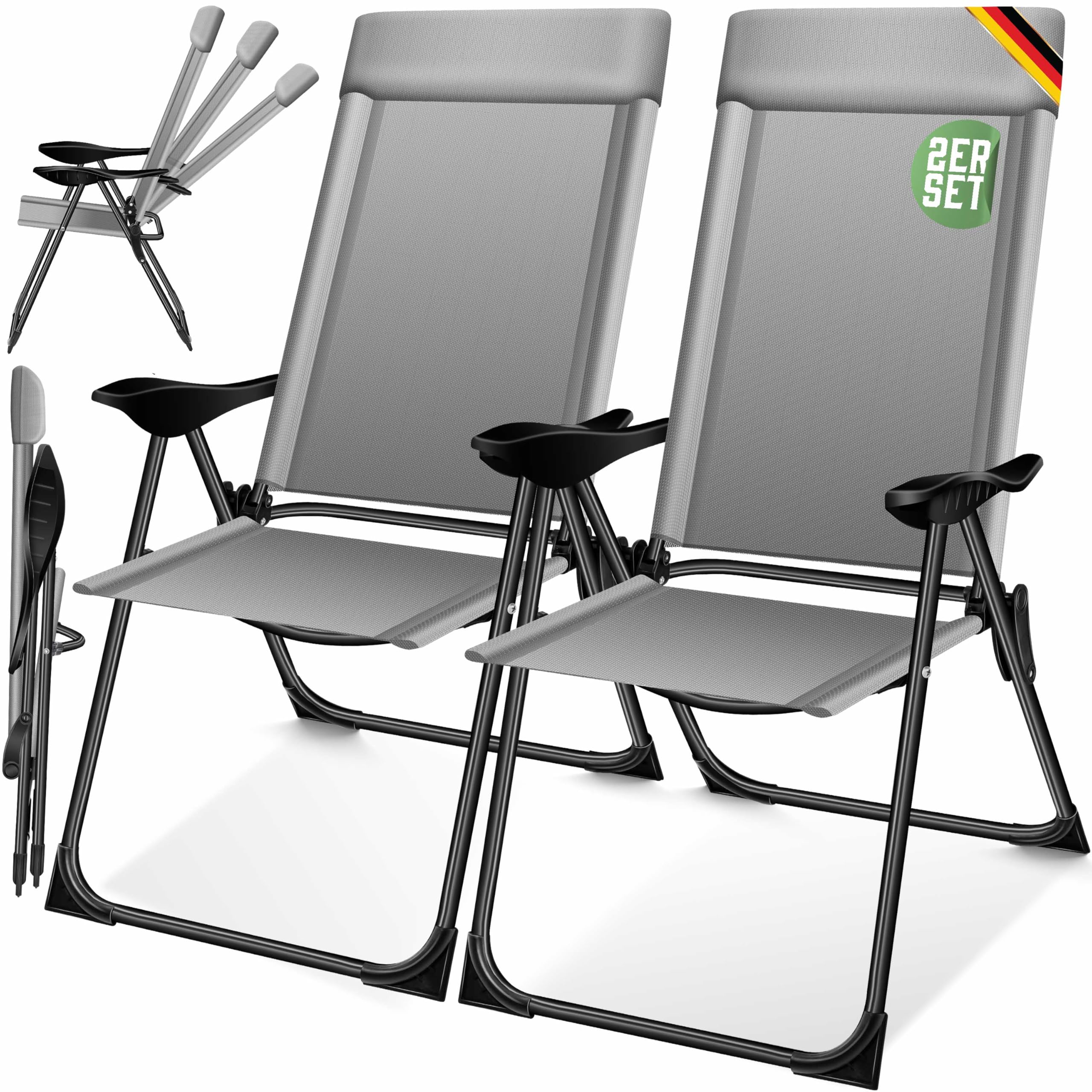 KESSER® Set di 2 sedie da Giardino, Sedia Pieghevole in Alluminio con Schienale Alto Regolabile in 7 direzioni con braccioli, Sedia da Balcone, Sedia da Campeggio Pieghevole Traspirante