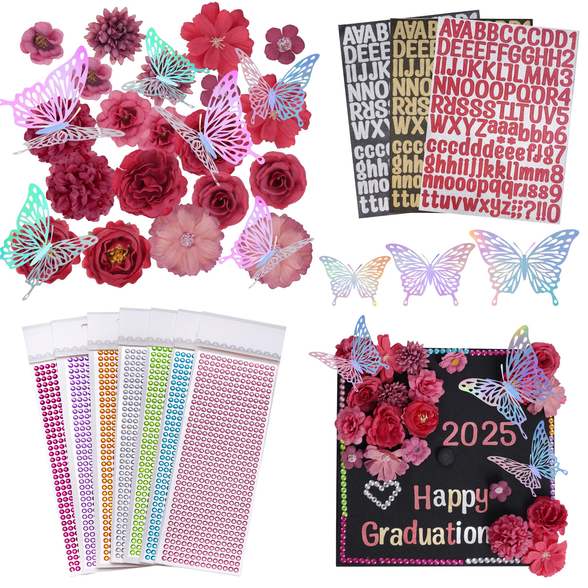 42 Pcs Graduation Hat Decorations Kit Includes 20Pcs Purple Decorative Flowers 7 Sheets Rhinestones Stickers 3 Sheets Glitter Number Letters Stickers