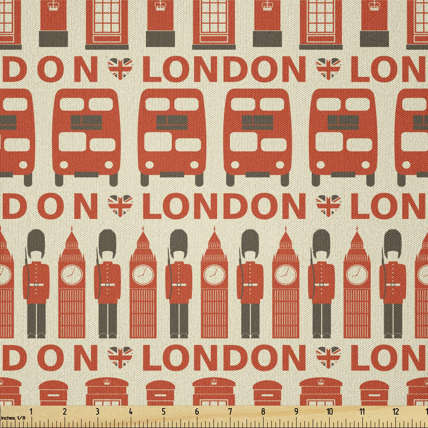 Lunarable London Fabric by The Yard, Classic British England Big Ben Bus Capital City Name and Heart Shape Flags Print, Microfiber Fabric for Arts Crafts Textiles &amp; Decor, 1 Yard, Scarlet and Cream