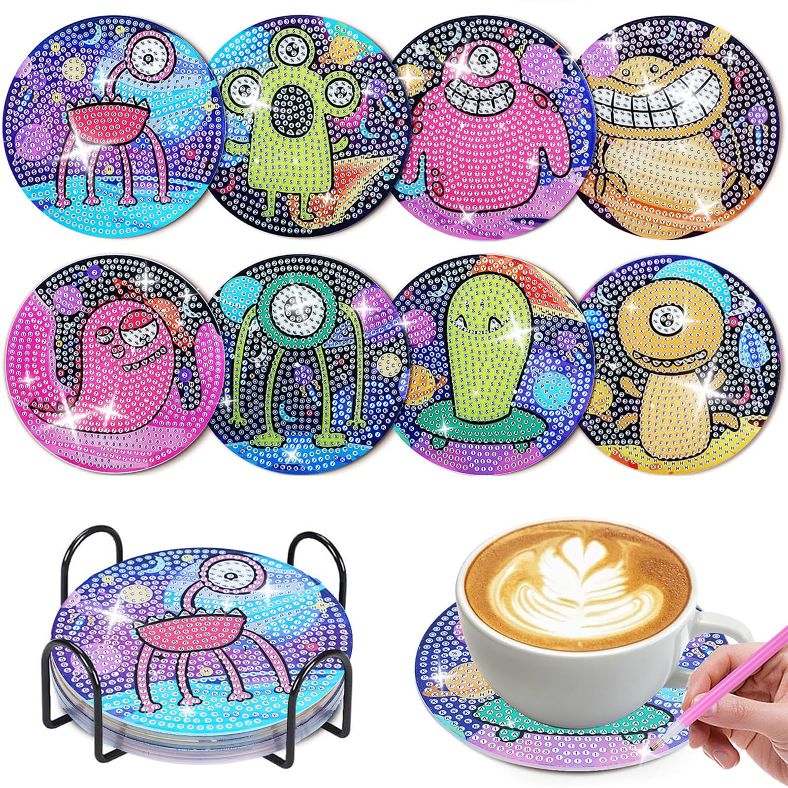 Lxmsja Set 8 Sottobicchieri Diamond Painting, Kit Completo Con Supporto E Sughero, Per Adulti E Bambini - 5