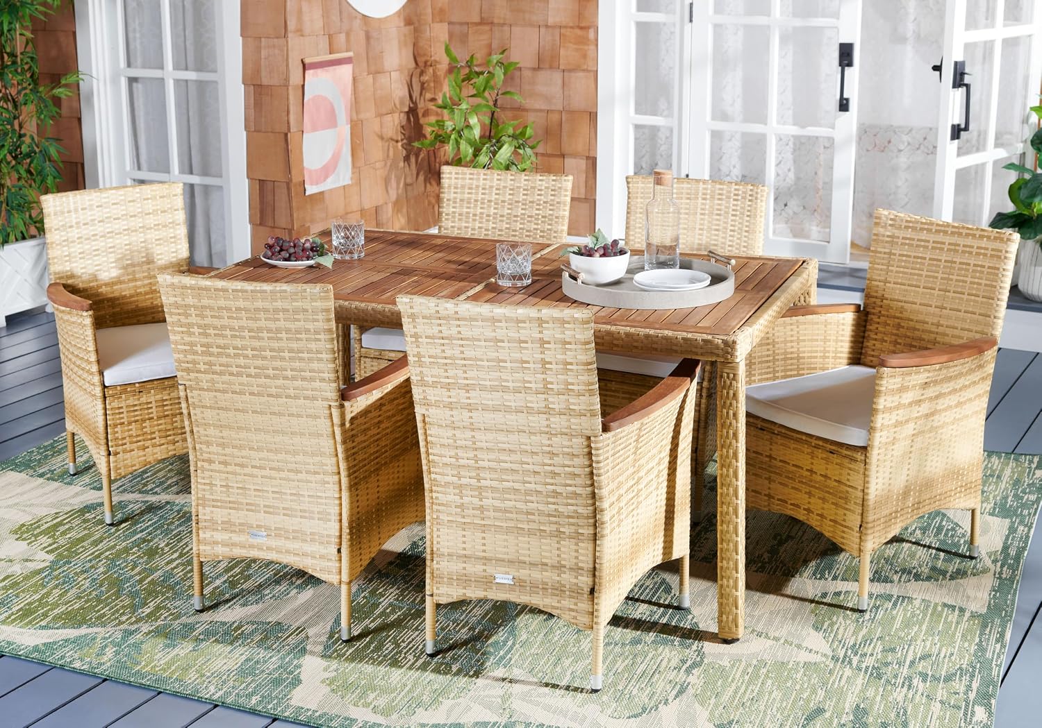 SAFAVIEH Outdoor Collection Ashwin Natural/White Cushion Faux Rattan Dining Set