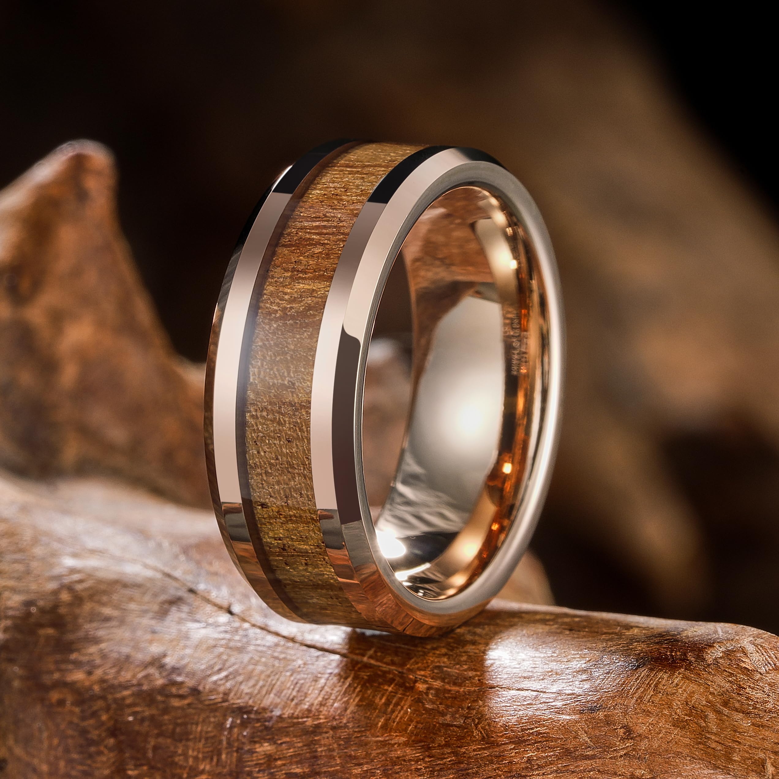 King Will KOA - Anillo de boda de carburo de tungsteno, 8 mm, de oro rosa, alto pulido, con banda de madera incrustada
