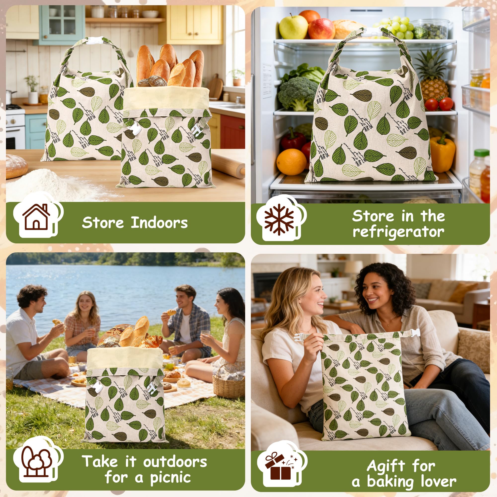 Lot de 2 Sacs à Pain en Cire D'abeille 43 x 33 cm, En Coton Bio Réutilisable, Avec Revêtement en Cire Naturelle - Pour Conserver le Pain et Garder au Frais