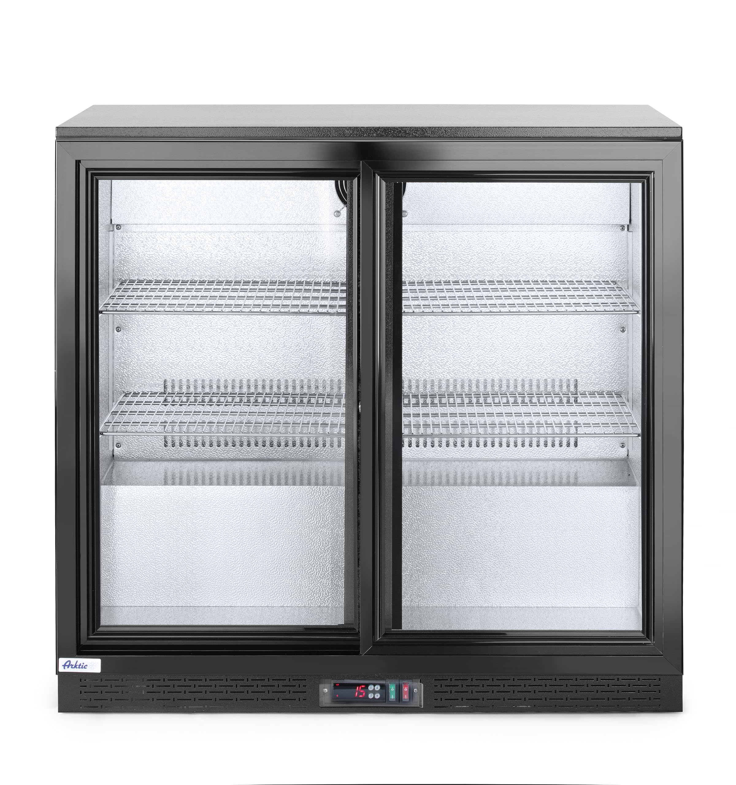 HENDI Refrigerador bajo mostrador para bebidas Arktic, puertas correderas dobles, 158L, 0–10°C, 220V, 160W, 900x520x(H) 865mm, acero con recubrimiento en polvo negro
