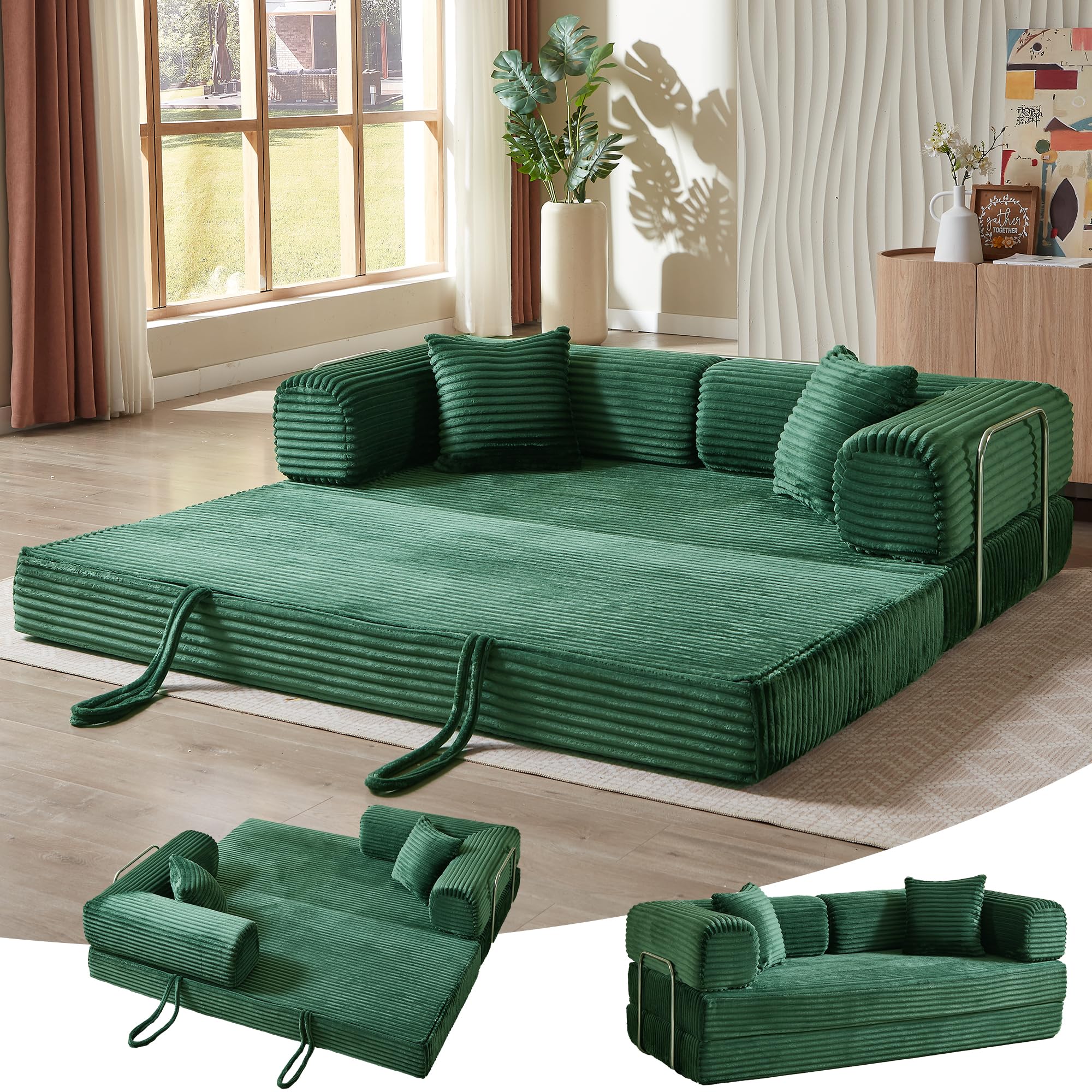 HUAYICUN 4-in-1 Convertible Folding Sleeper Sofa Bed, Plush Corduroy Foldable Mattress Couch with Fixed-Shape Frame, Floor Compressed Sofa for Living