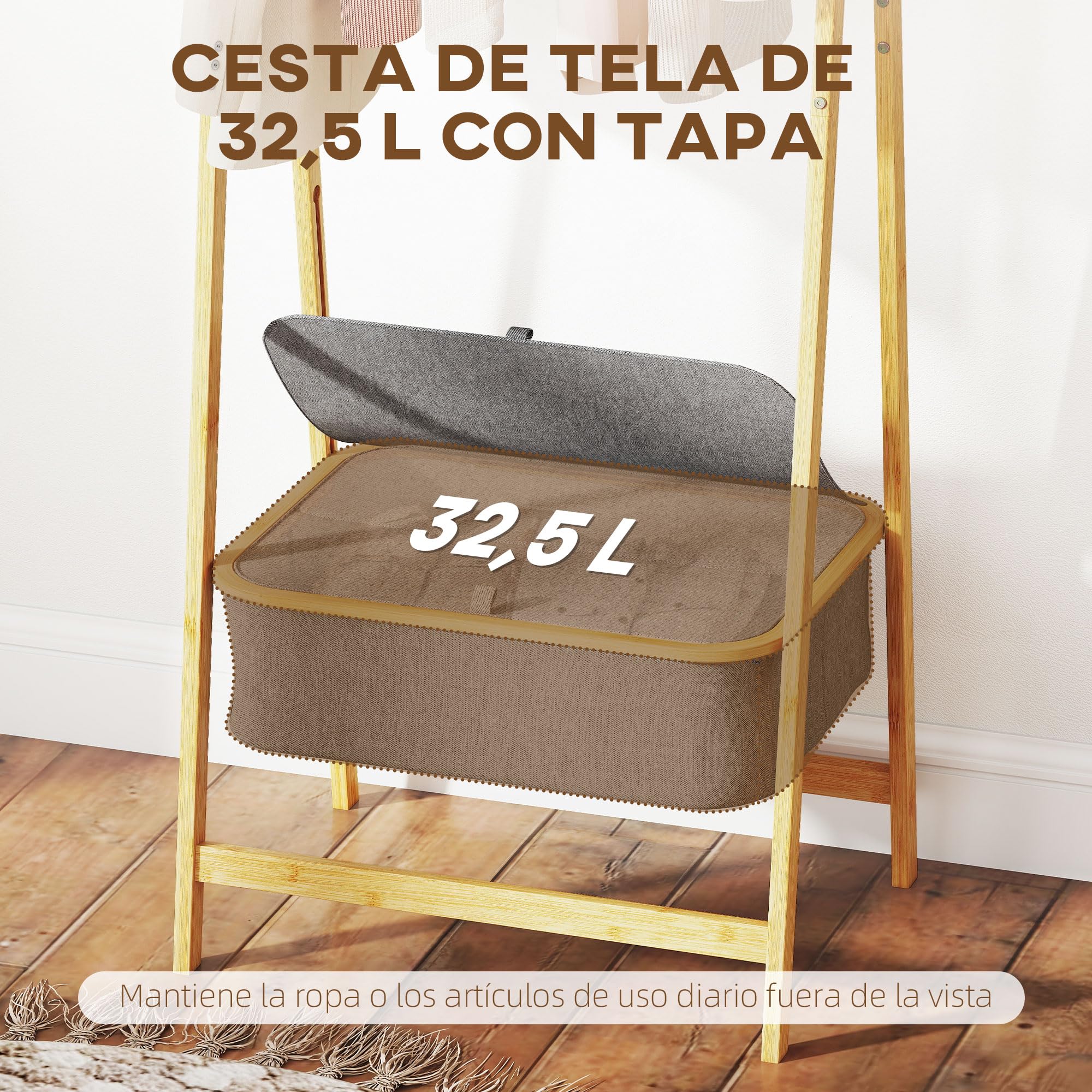 HOMCOM Burro Ropa de Bambú para Entrada 60x44,5x157,5 cm Natural y Gris