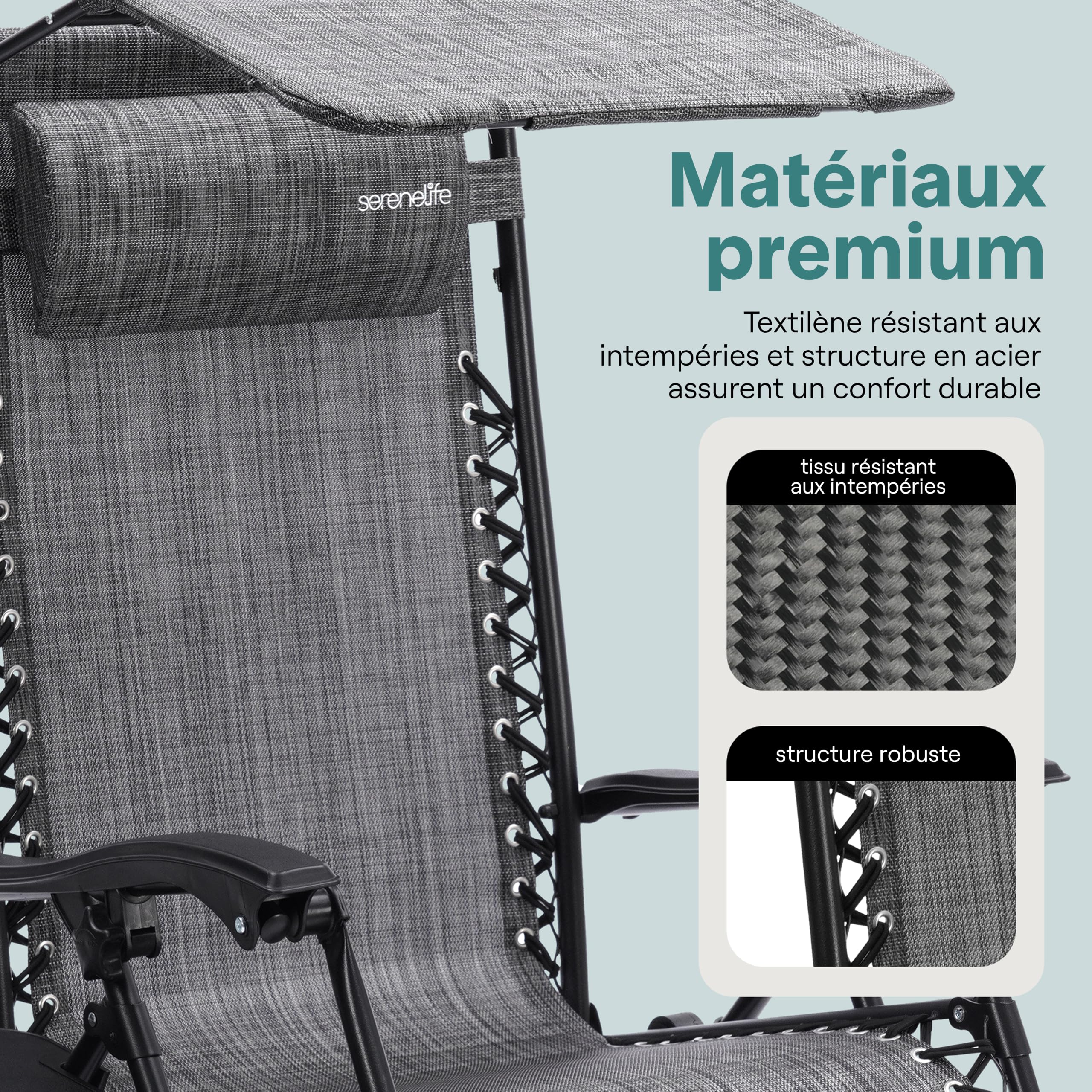 SereneLife Set de 2 Chaises Pliantes - Chaise Longue Réglable pour Extérieur avec Table Latérale, Visière Pare-Soleil, Porte-Gobelets, Oreillers Amovibles - Patio, Jardin, Plage - Gris