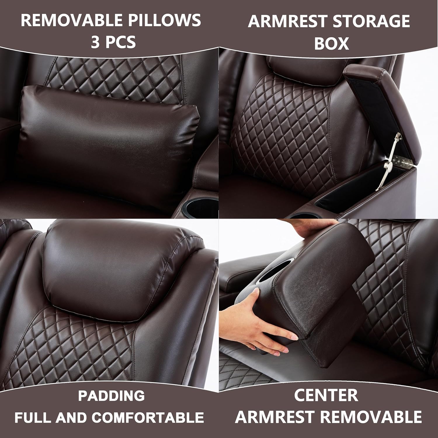 Recliner Loveseat Sofa, PU Leather Recliner Couch with Cup Holders and 2 Pillows, 135° Reclining Chair & Wall Hugger Recliners for Living Room, Home Theater, RV, (Brown)