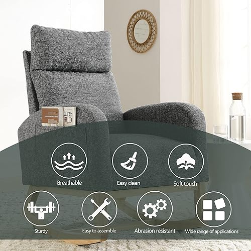 Miniatura 4 de Silla mecedora moderna con respaldo alto para sala de estar, dos bolsillos laterales (peluche, gris) Gris,Rosado,Gris