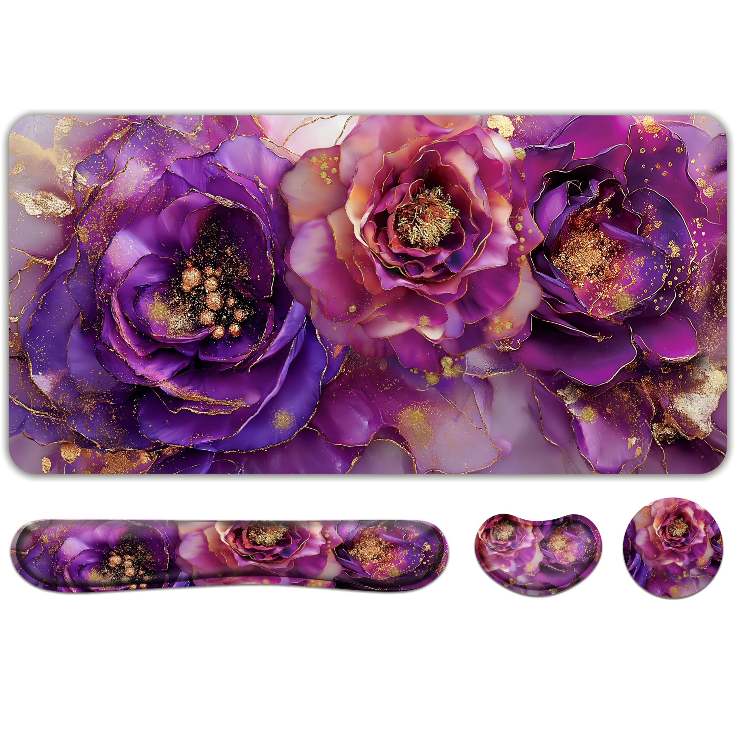 Doodlream 4-in-1 Desk Pad, Purple Rose Theme, Desk Mat with Mouse Keyboard Wrist Support and Coaster, Ergonomic Design for Home Office Laptop Computer Desk Accessories