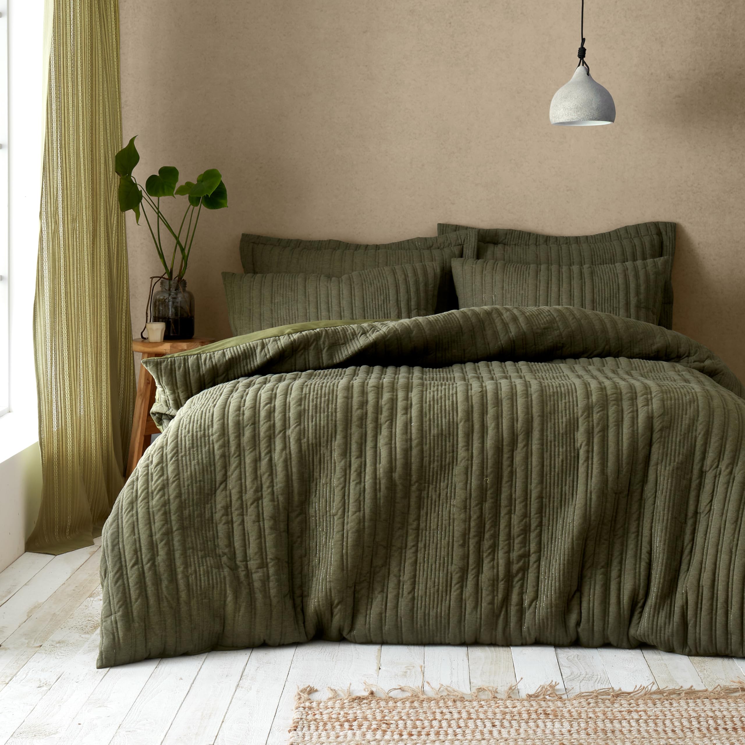 Pineapple ElephantTamba Jersey Stripe Quilted Double Duvet Cover Set with Pillowcases Olive Green
