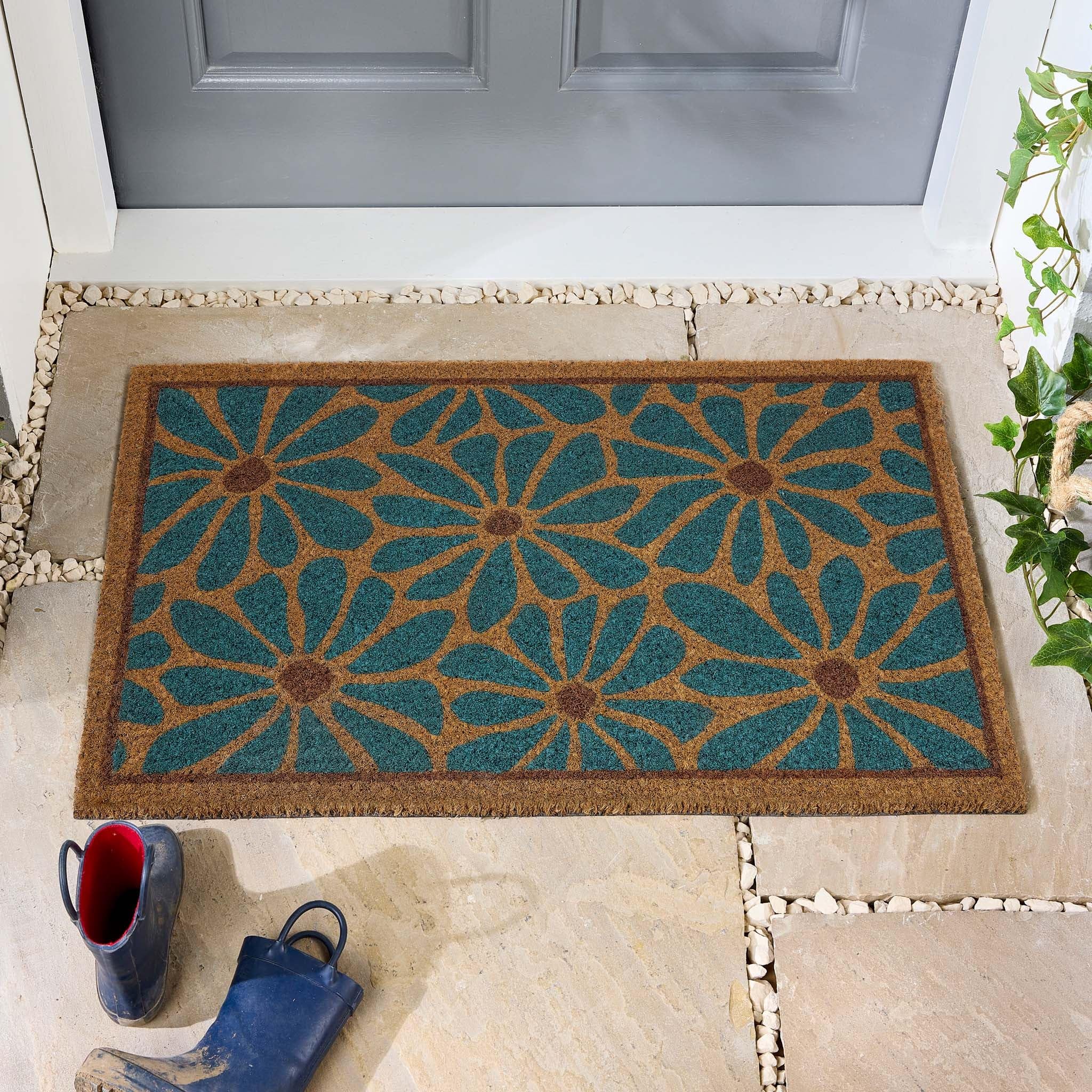 Coir Door Mat for Doorway, Home Entry, Balcony, Garden, Dirt Trapper Entrance Indoor Outdoor Non-Slip Absorbent Welcome Mat Natural Doormat in 45 x 75 cm (Boho Floral)