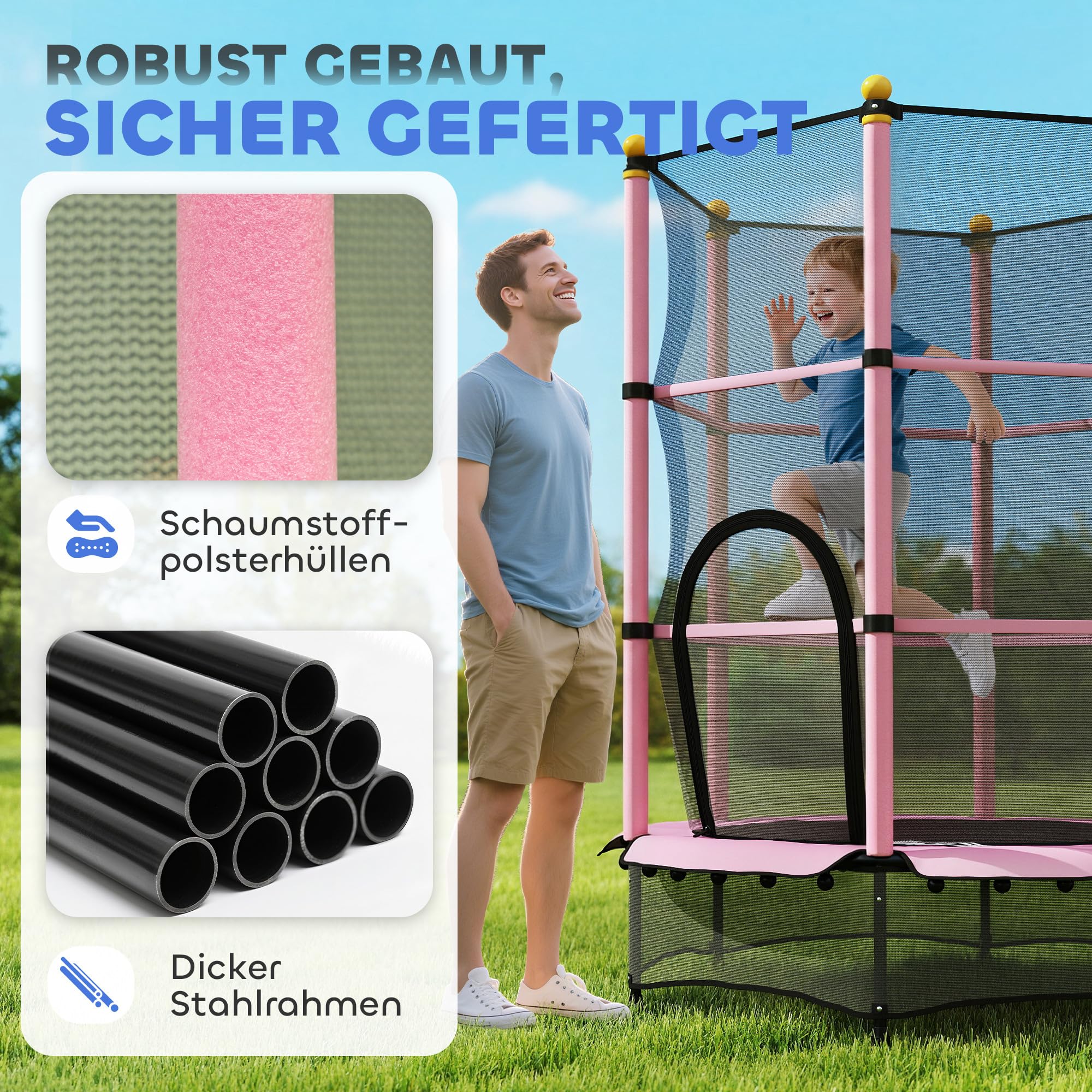 HOMCOM Kindertrampolin Ø140 cm, Trampolin mit Sicherheitsnetz, Randabdeckung, Gartentrampolin für Kinder 3-10 Jahre, bis 50 kg belastbar