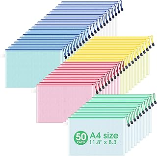 50 PCS Mesh Zipper Pouch, 9"x 13" Waterproof Multiuse Zipper Bags for Organizing, A4 Letter Size Puzzle Bags for Office School Supplies Travel Board Game Organizers and Storage (5 Colors)