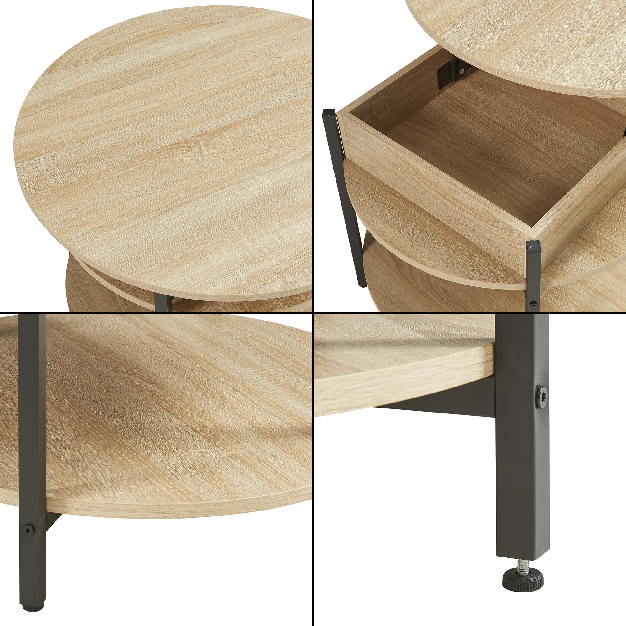 [en.casa] Mesa de Centro Kandas Mesa Baja Redonda con Tablero Elevable con Compartimento Interno y Estante Mueble Auxiliar Mesita para Salón 70 x 49 cm - Efecto Roble