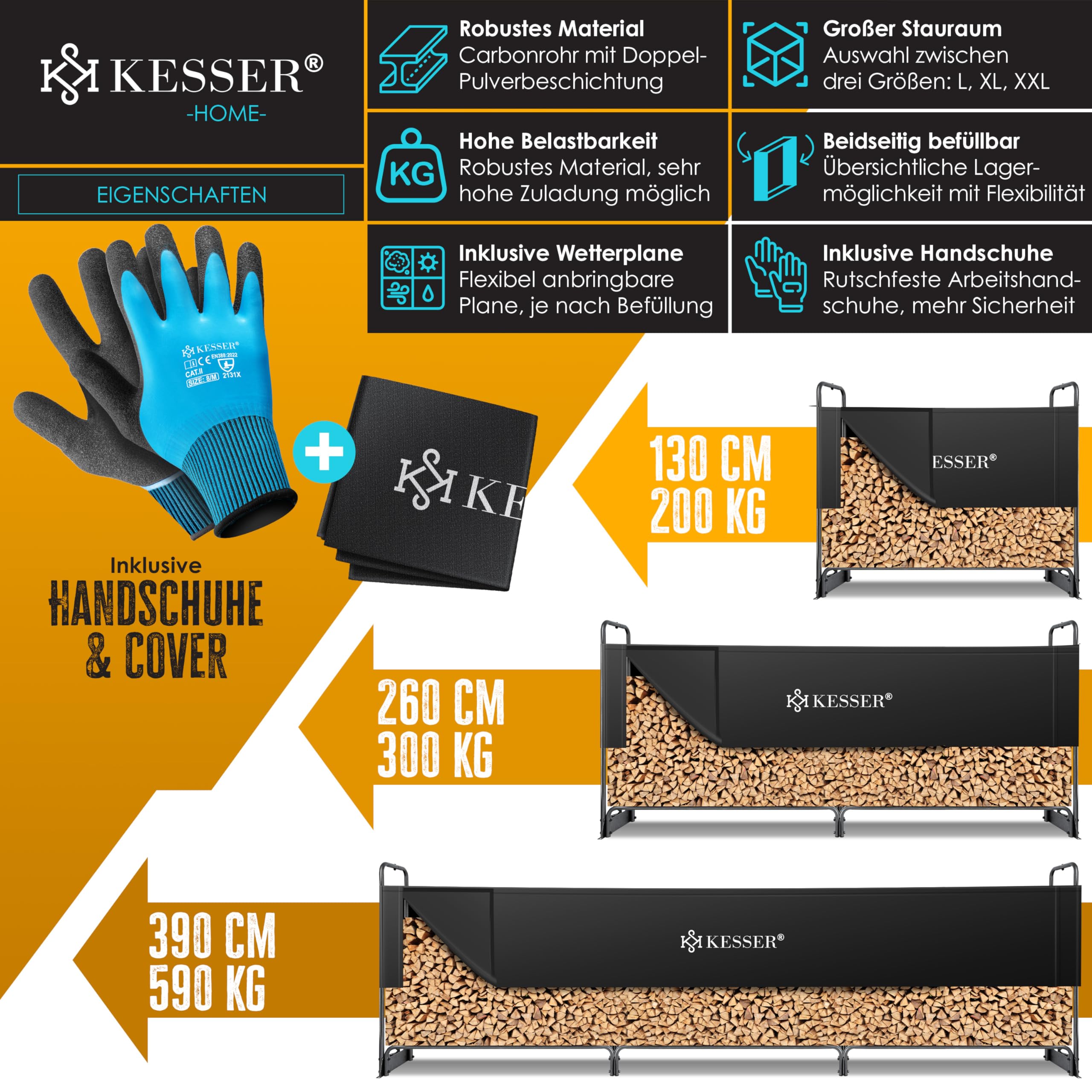 KESSER® Étagère à Bois de Cheminée en Métal - Extérieure, Cadre en Acier + Couverture & Gants - Abri de Chauffage 200kg - 130x36x117cm - 3