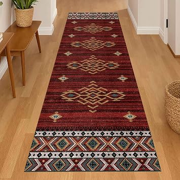 Rustic Tribal Rugs for Hallway, 60x300cm, Southwest traditional Red Distressed Oriental Rug, Short Pile Machine Washable Non Shedding Runners Decor Carpet for Entrance Foyer