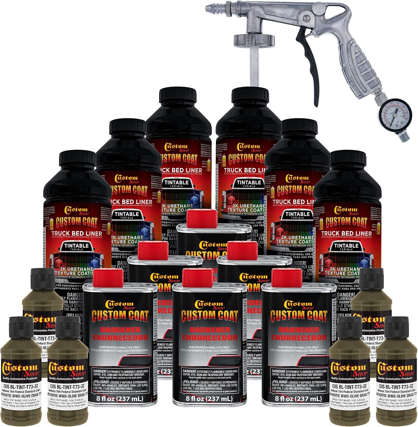 Custom Coat Federal Standard Color # Authentic WWII Olive Drab T73 Urethane Spray-On Truck Bed Liner, 1.5 Gallon Kit with Spray Gun and Regulator - Durable Textured Protective Coating - Car Auto