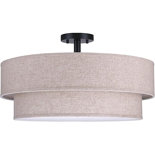 6 Lights 24 Inch Semi Flush Mount Close to Ceiling Light Fixture,Off White Fabric Shade Black Finish for Bedroom,Living Room,Dining Room Hallway