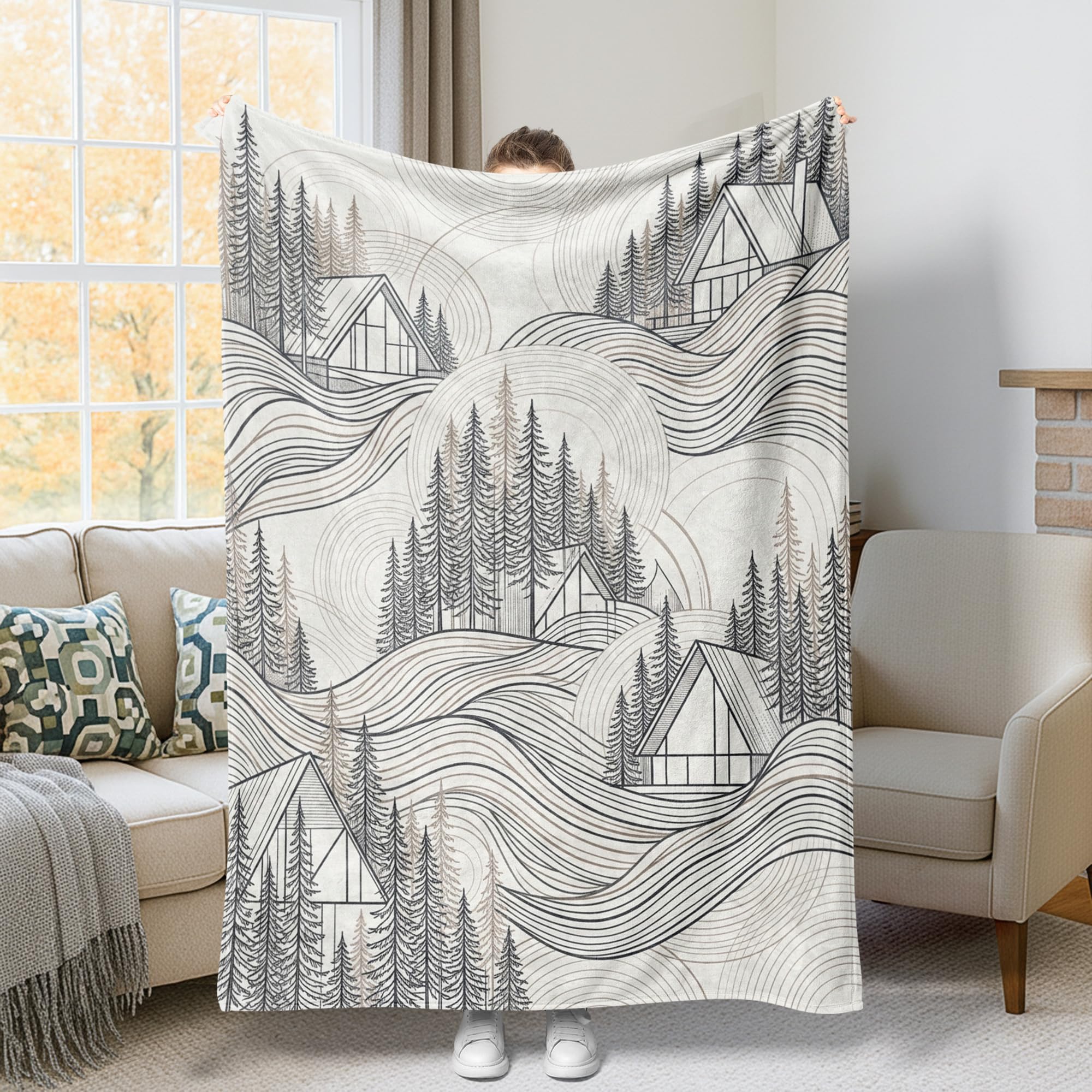 Plaid automne en molleton confortable avec motif sapins pour canapé et lit