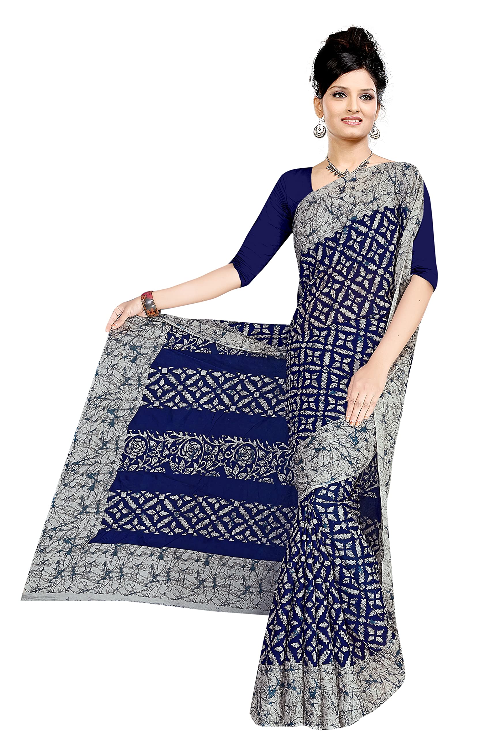 Tamaira Fashion Women's Plain Weave Pure Cotton Saree Without Blouse Piece (2369_Greyandblue)