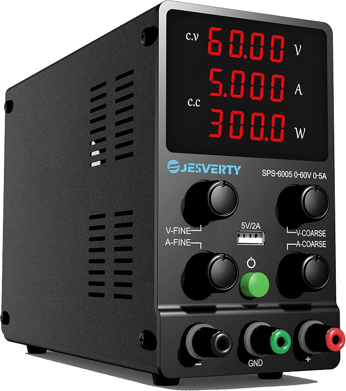 Fuente de alimentación CC variable, 0-60 V 0-5 A Conmutación ajustable Fuente de alimentación de banco regulada CC con pantalla LED de 4 dígitos de alta precisión, puerto USB 5 V/2 A, ajuste grueso y fino SPS-6005