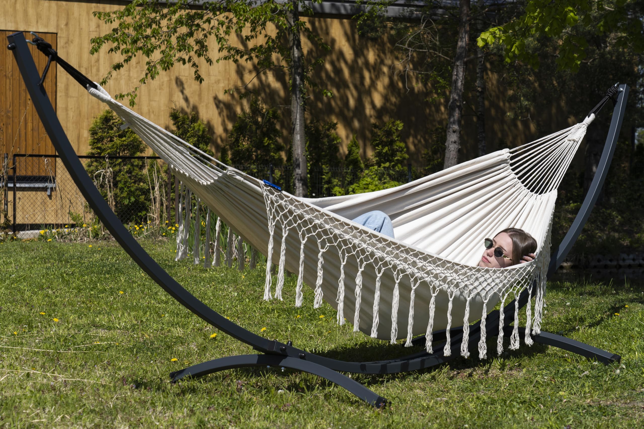 Potenza Amaca da Giardino con Supporto – Amaca Doppia 220x160 cm, 200kg in 100% Cotone con Struttura in Acciaio lunga 370 cm, Portata 220 kg, con Telaio Resistente alle Intemperie, Santia Beige