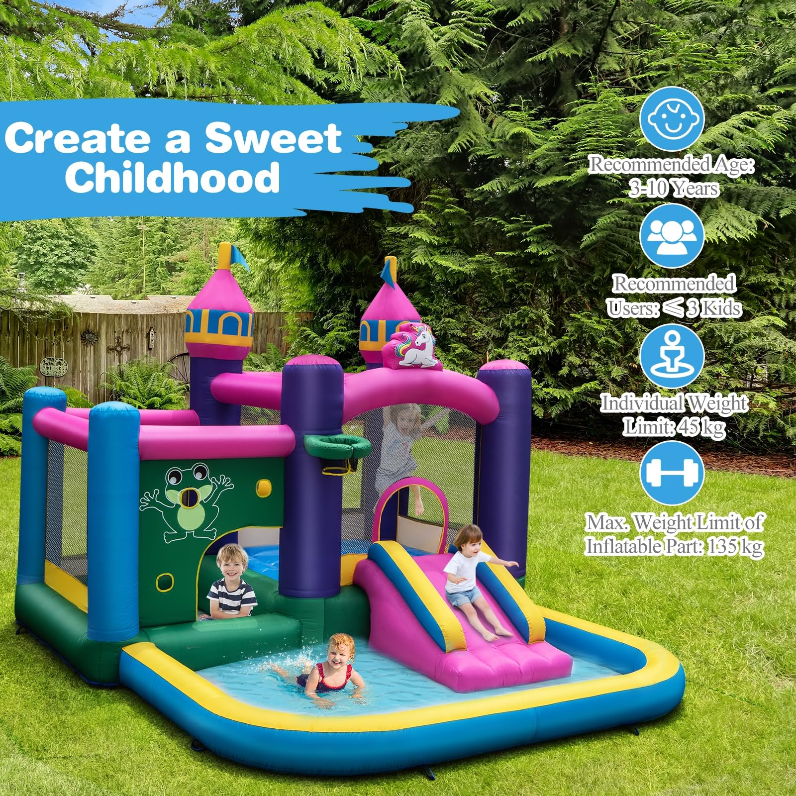 Château Gonflable Licorne – Toboggan, Trampoline, Piscine À Balles – Avec Souffleur 680W – Pour 3 Enfants De 3 À 10 Ans – Intérieur/Extérieur