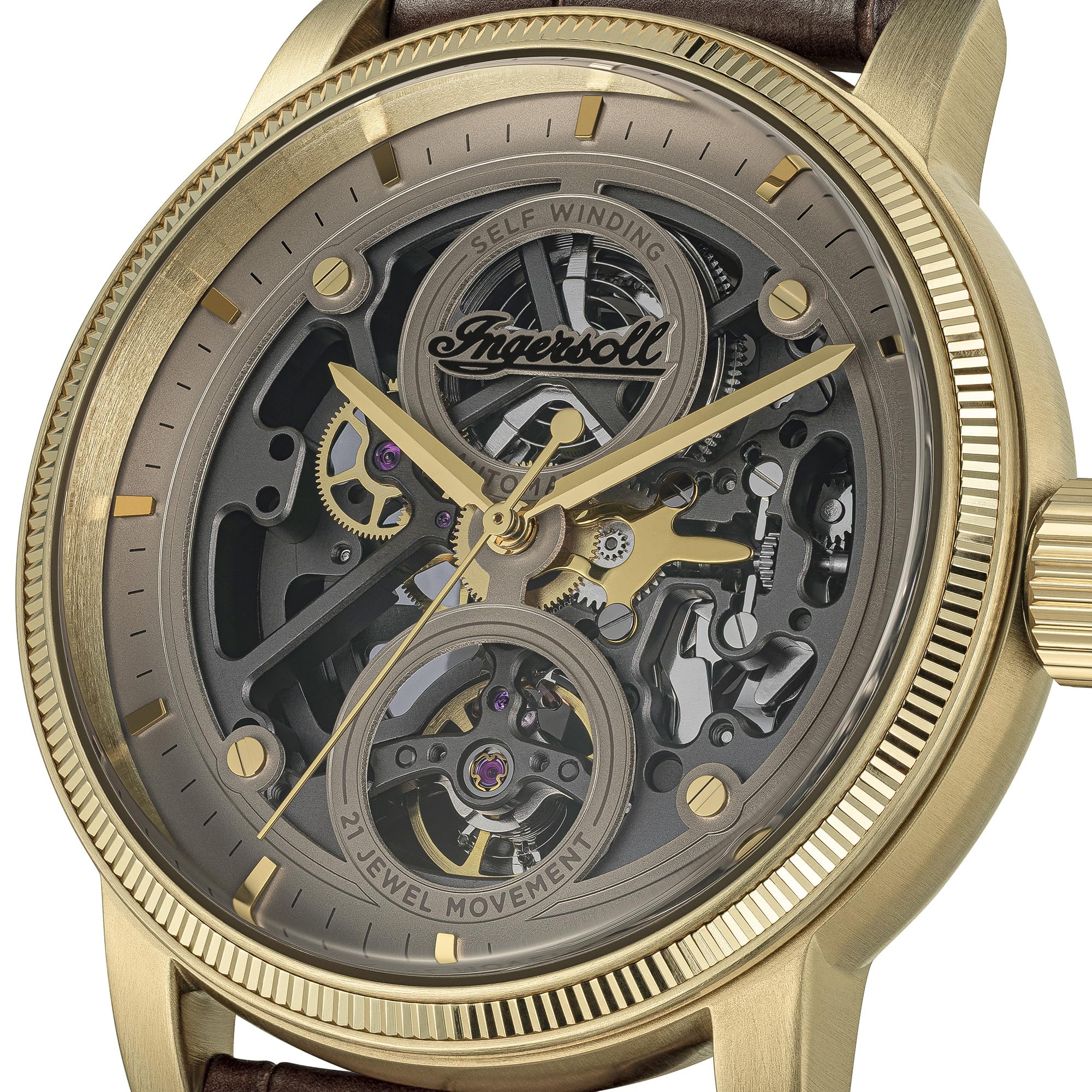 Ingersoll The Guy I17502 męski automatyczny zegarek 44 mm z szarą tarczą i brązowym skórzanym paskiem