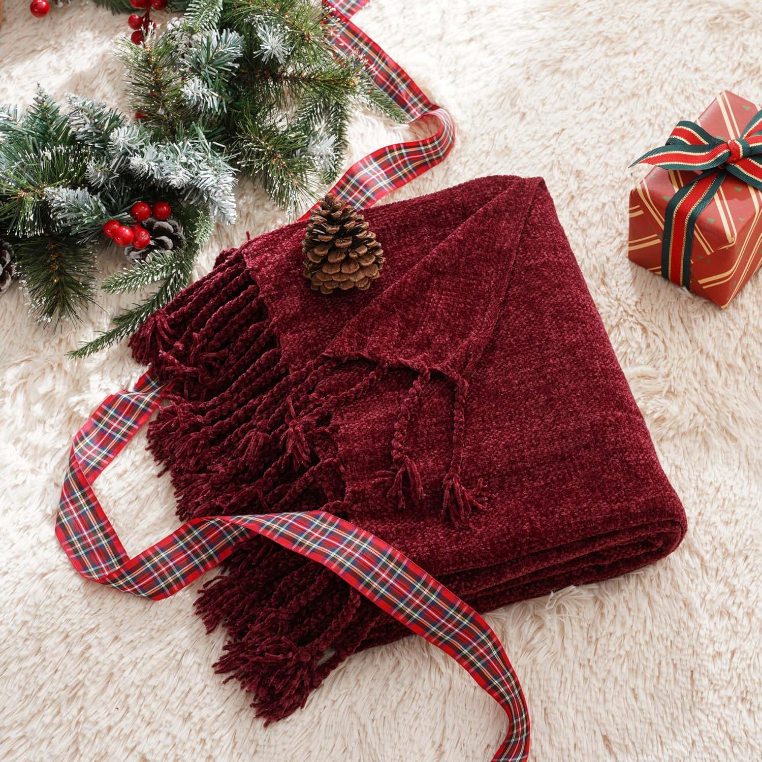 BATTILO HOME Burgundy Chenille Throw Blanket, Decorative Red Knit Throw with Fringe, Lightweight for Christmas Decor, 50"x60" - Image 2