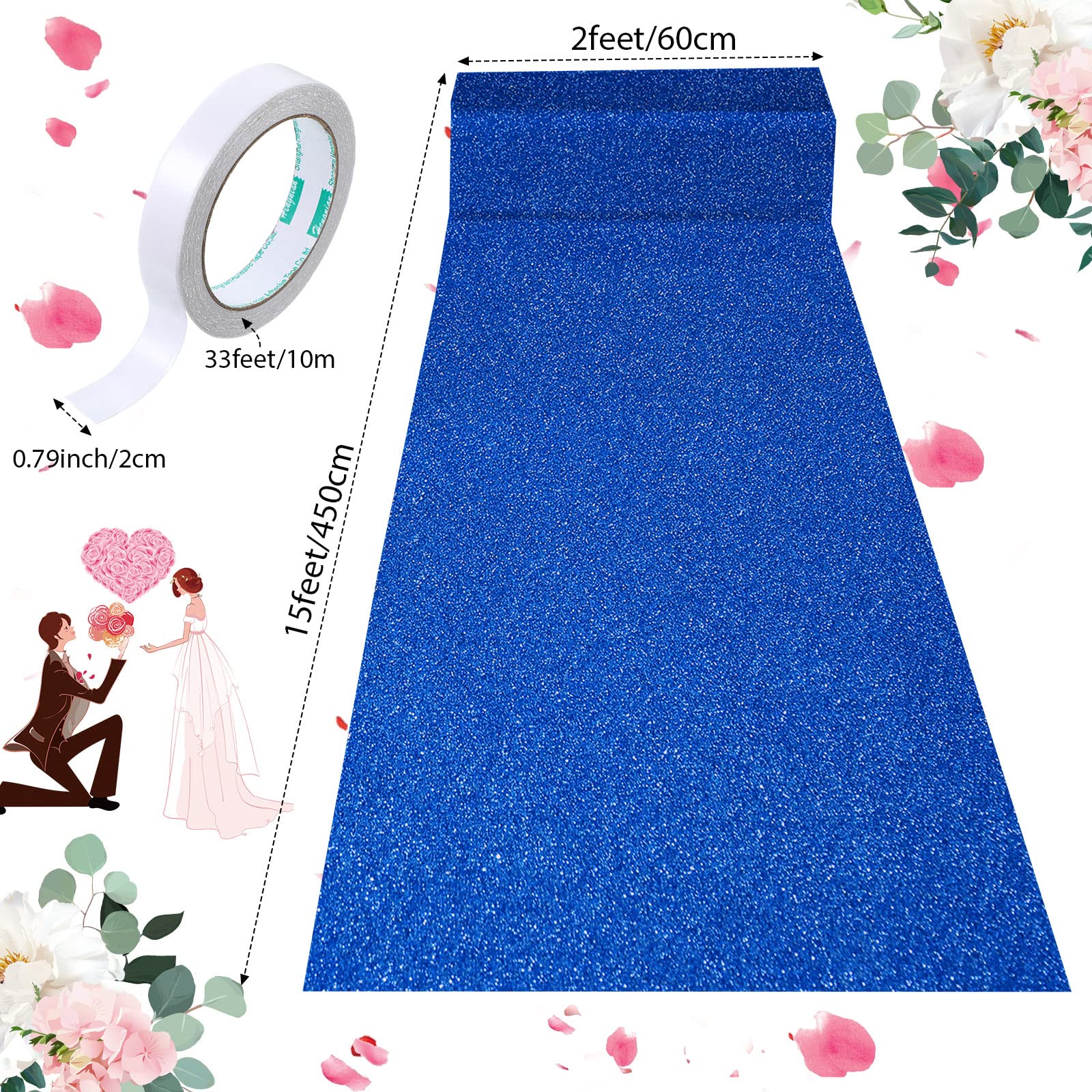 Sequin Aisle Runner for Weddings Glitter Wedding Rug Runner with Carpet Tape Sparkly Wedding Outdoor Floor Runner Floor Carpet Runner for Ceremony Prom Event Party Ornaments (Blue, 2 x 15 ft)