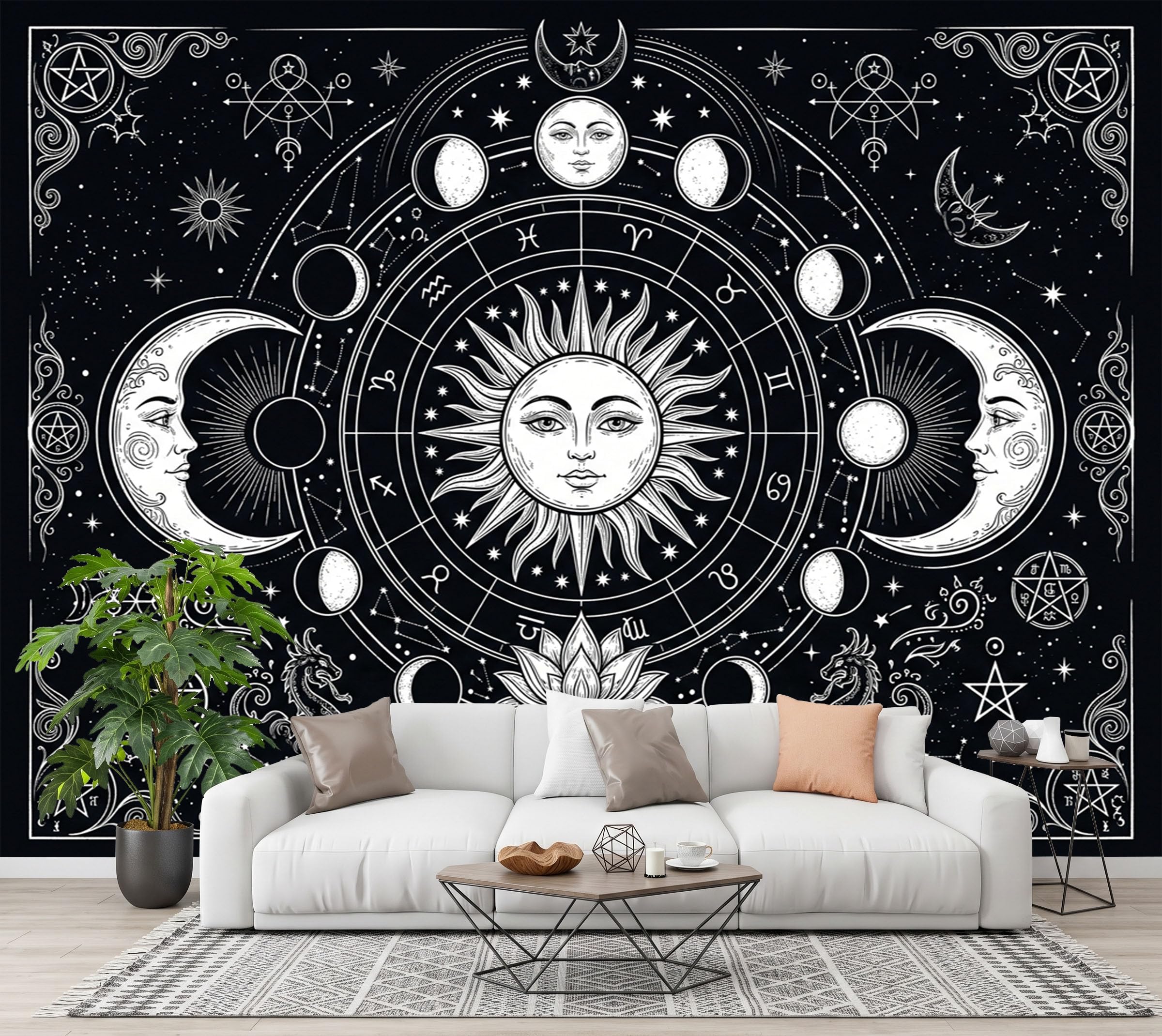 Papier Peint Panoramique Mystère Soleil Lune Portrait 400X280Cm Murale Photo | Paysage De Tarot Bohème Noir Et Blanc Tapisserie Murales Papier Peint Intissé Pour Chambre Salon Fond Tv Muraux