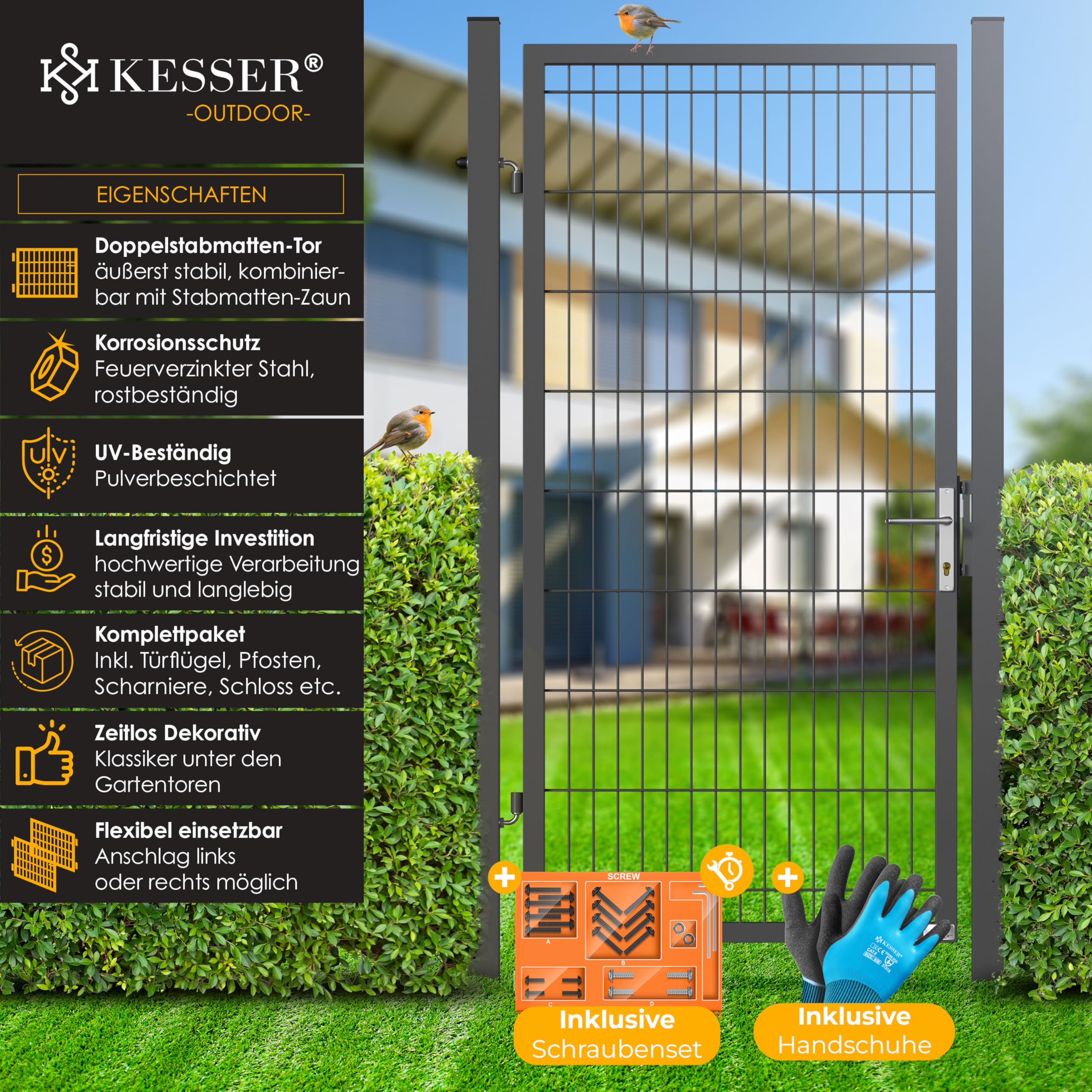 KESSER® Gartentor Premium Gartentür aus Metall verzinktem Stahl, Gartentür für Stabmattenzau Zauntor, Hoftor, inkl. Pfosten mit Schloss Türklinke und Schlüssel, 180 x 106cm Anthrazit