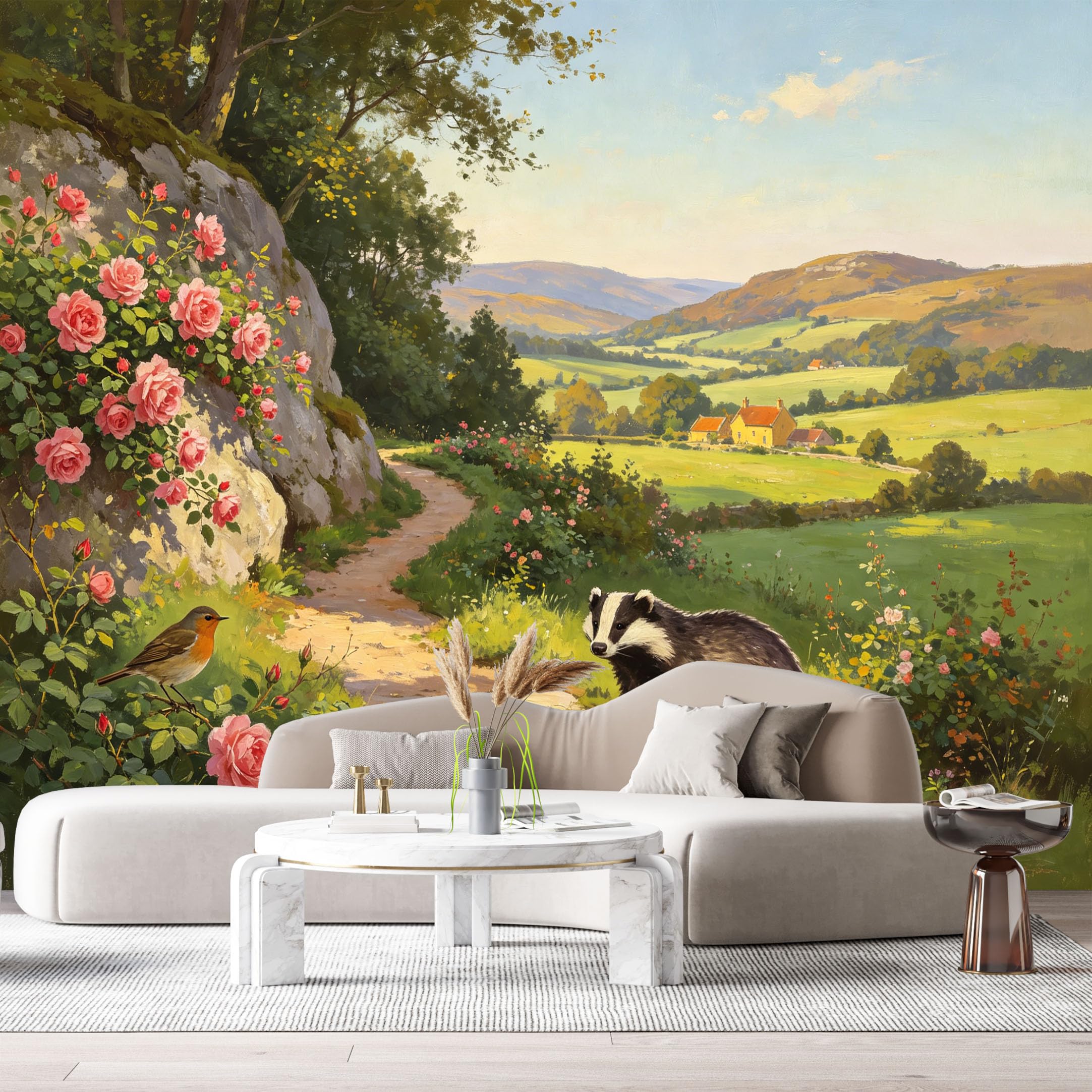 Custom Size Wall Murals Badger Rose Garden Farmhouse Oil Painting Path Countryside Landscape SelfAdhesive Wall Fabric Removable Large Wallpaper for Photo Living Room
