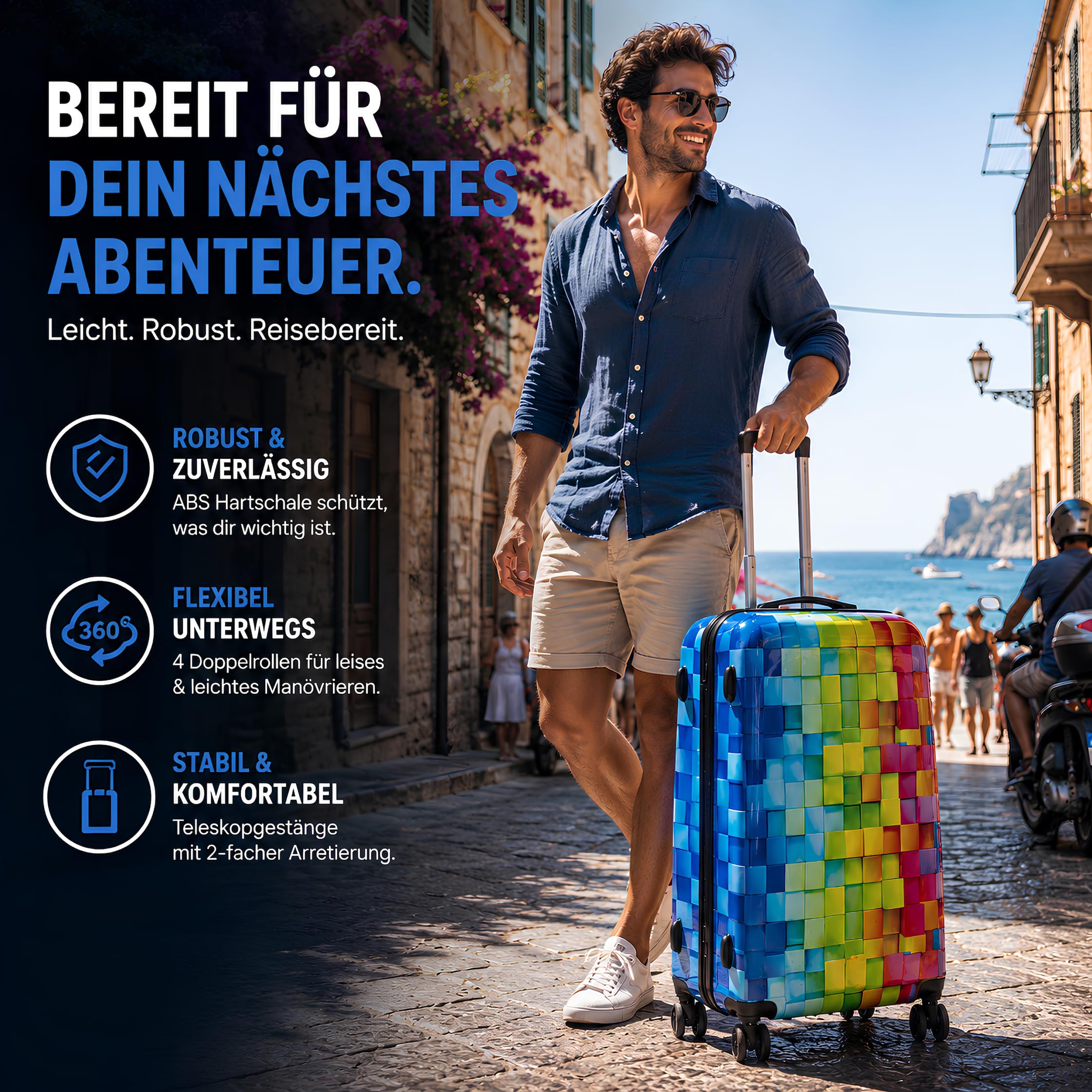 NOWI Hartschalenkoffer XL Groß - 100L Volumen - 158cm Gurtmaß - 8 Rollen 360° drehbar - Leichter Koffer mit Zahlenschloss & Teleskopgestänge - Reisekoffer mit Rollen, Trolley (XL)