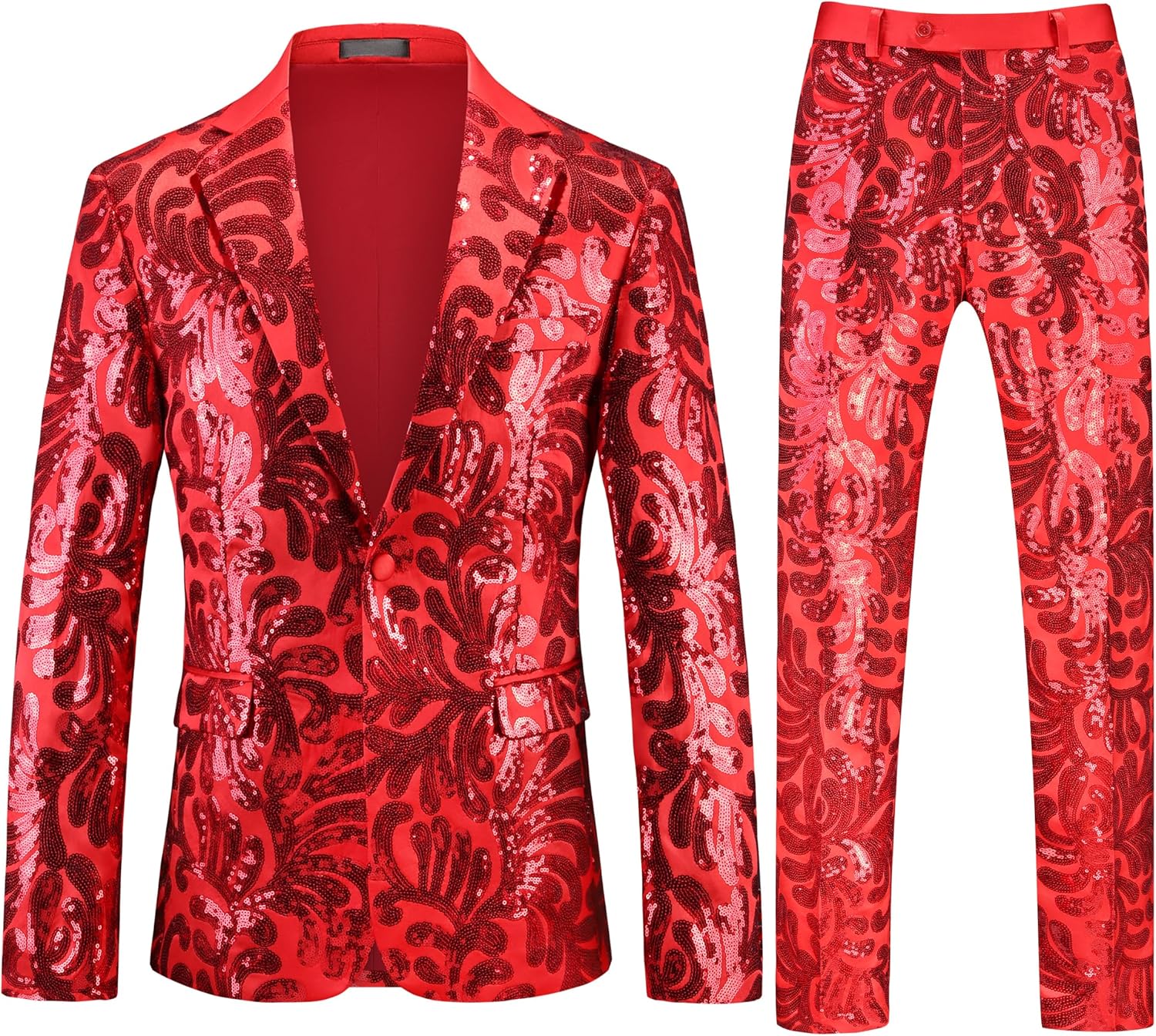 Men's Sequin Suit Set – Slim Fit Wedding Suit 2 Piece, One Button Floral Tuxedo Blazer & Pants for Party, Prom, Disco