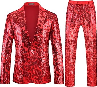 Mens Sequin Suit Set Slim Fit Wedding Suit 2 Piece, One Button Floral Tuxedo Blazer & Pants for Party, Prom, Disco