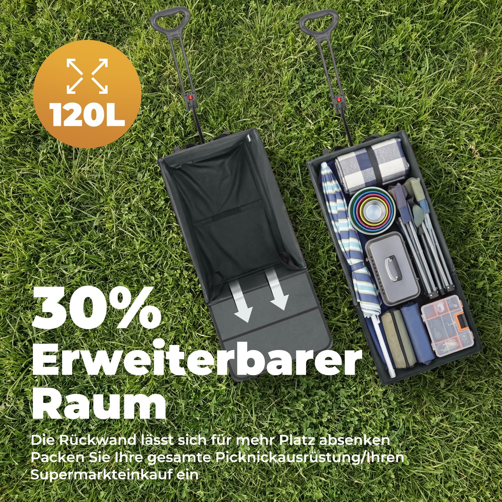 Carro plegable 120L +, hasta 150 kg, con portón trasero, protección contra la lluvia, frenos | Tiras reflectantes, carro de playa plegable, carrito plegable para perros, compras, camping, playa, transporte, exterior
