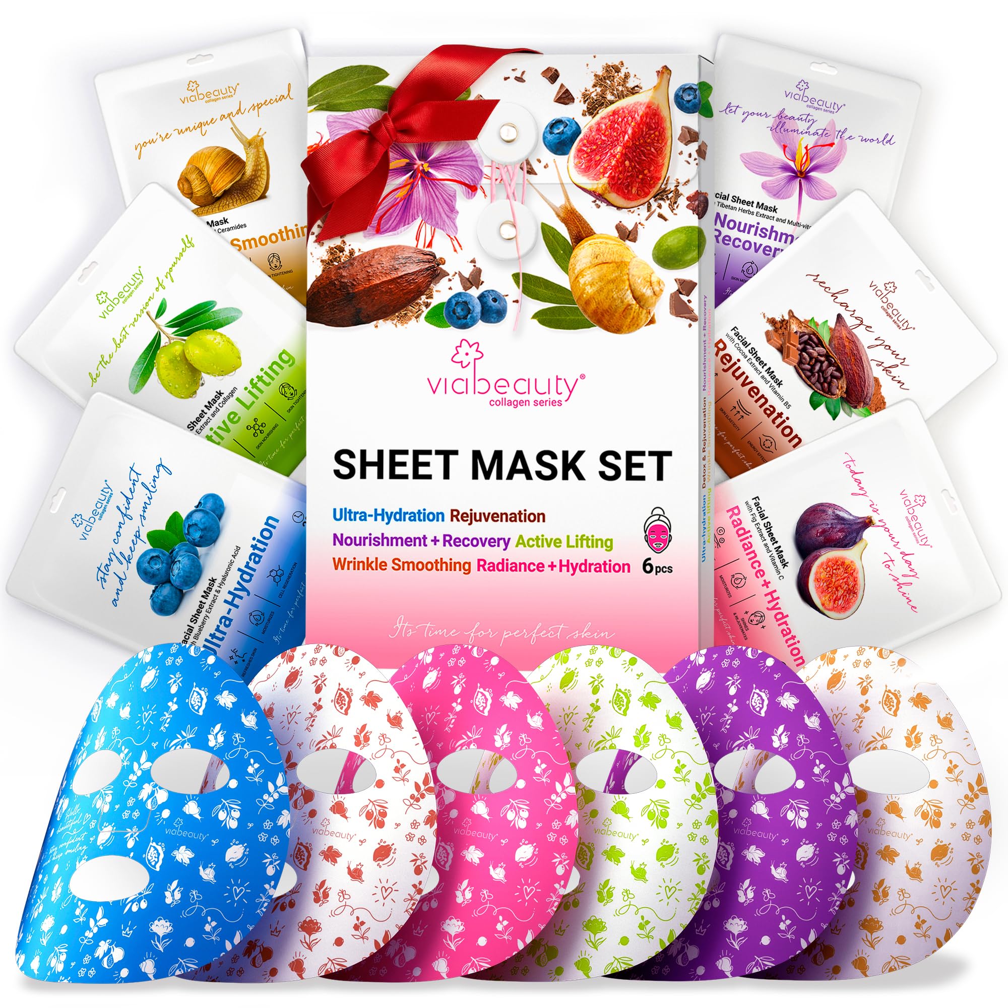 6 Pack of Sheet Face Masks Skincare - Collagen Face Mask Sheets with Hyaluronic Acid, Vitamin C, Snail Mucin - Facial Sheet Mask for Hydrating, Moisturizing, Rejuvenating