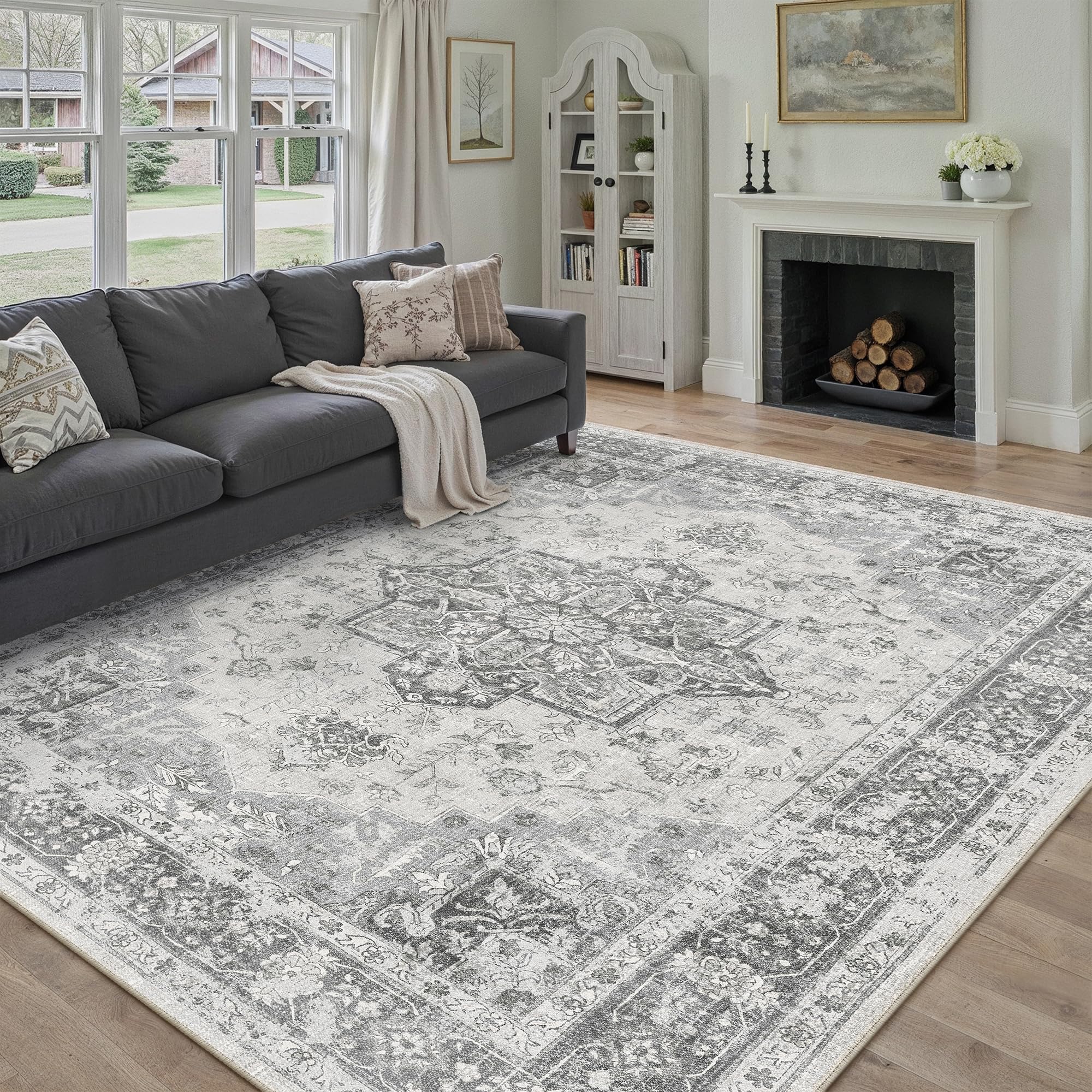PureCozy Vintage Rugs Living Room Area Rug 200x300cm Washable Grey Bedroom Large Non Slip Soft Carpet Kitchen Bedroom Dining Room Office Indoor Low Pile Carpets