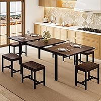Vista 10 de Juego de mesa de comedor de 5 piezas para 4-6, juego de mesa de cocina extensible de 63" con 2 bancos y 2 taburetes, juego de mesa de comedor