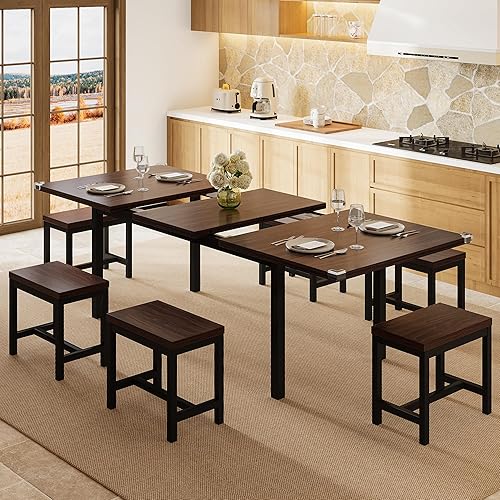 Juego de mesa de comedor de 7 piezas, mesa de cocina extensible de 63 pulgadas con 6 taburetes, mesa de comedor moderna de mediados de siglo con