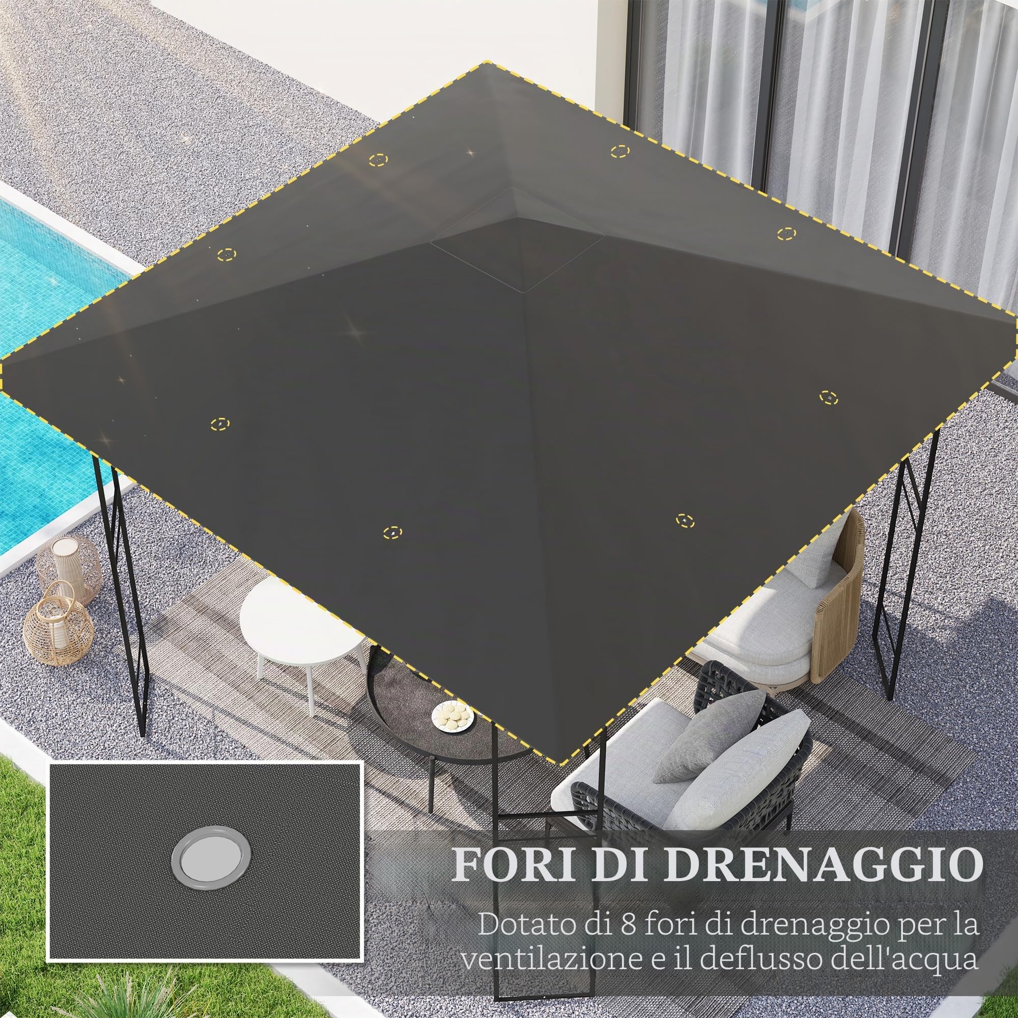 Outsunny Tettoia di ricambio per gazebo 3 x 3 m idrorepellente Tettoia per gazebo UPF30+ Rivestimento di ricambio per gazebo da giardino Ricambi in tessuto Oxford, 370 g/m², grigio | TETTO GAZEBO RICAMBIO PER GAZEBO GIARDINO RICAMBI IN TESSUTO OXFORD 370g