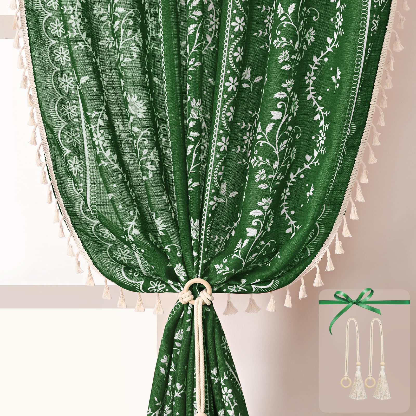 Yinhua Boho Curtains for Living Room 63 Inch Length Vintage Linen Curtains for Bedroom Light Filtering Floral Window Curtain Rod Pocket &amp; Back Tabs Rustic Tassel Drapes with Tiebacks, Olive Green