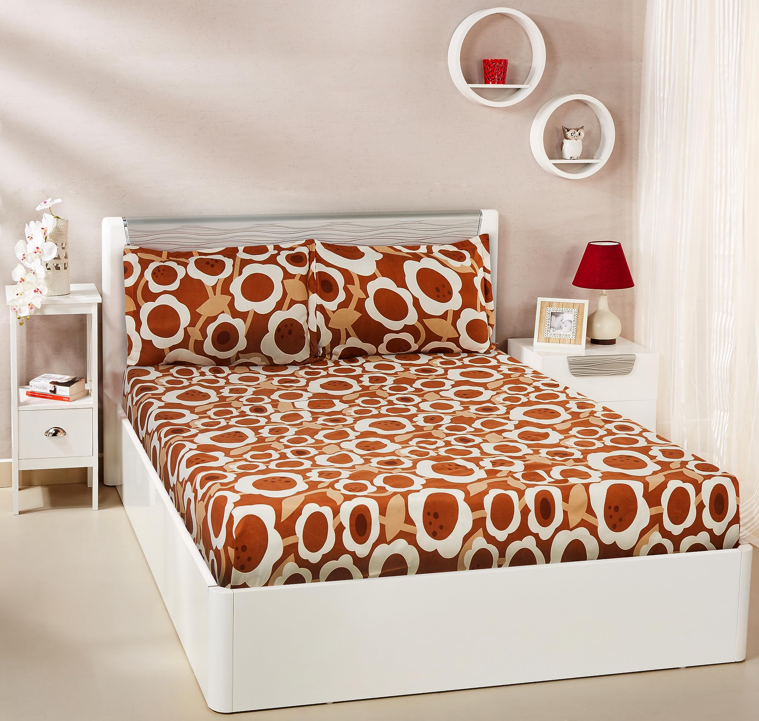 Amazon Brand - Solimo Polyester Daisy Daze King Bedsheet with 2 Pillow Covers- 120 GSM-Multi_Ewbsk17, 144 TC